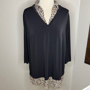 Adrianna Papell Black V-Neck 3/4 Sleeve Blouse with Leopard Trim